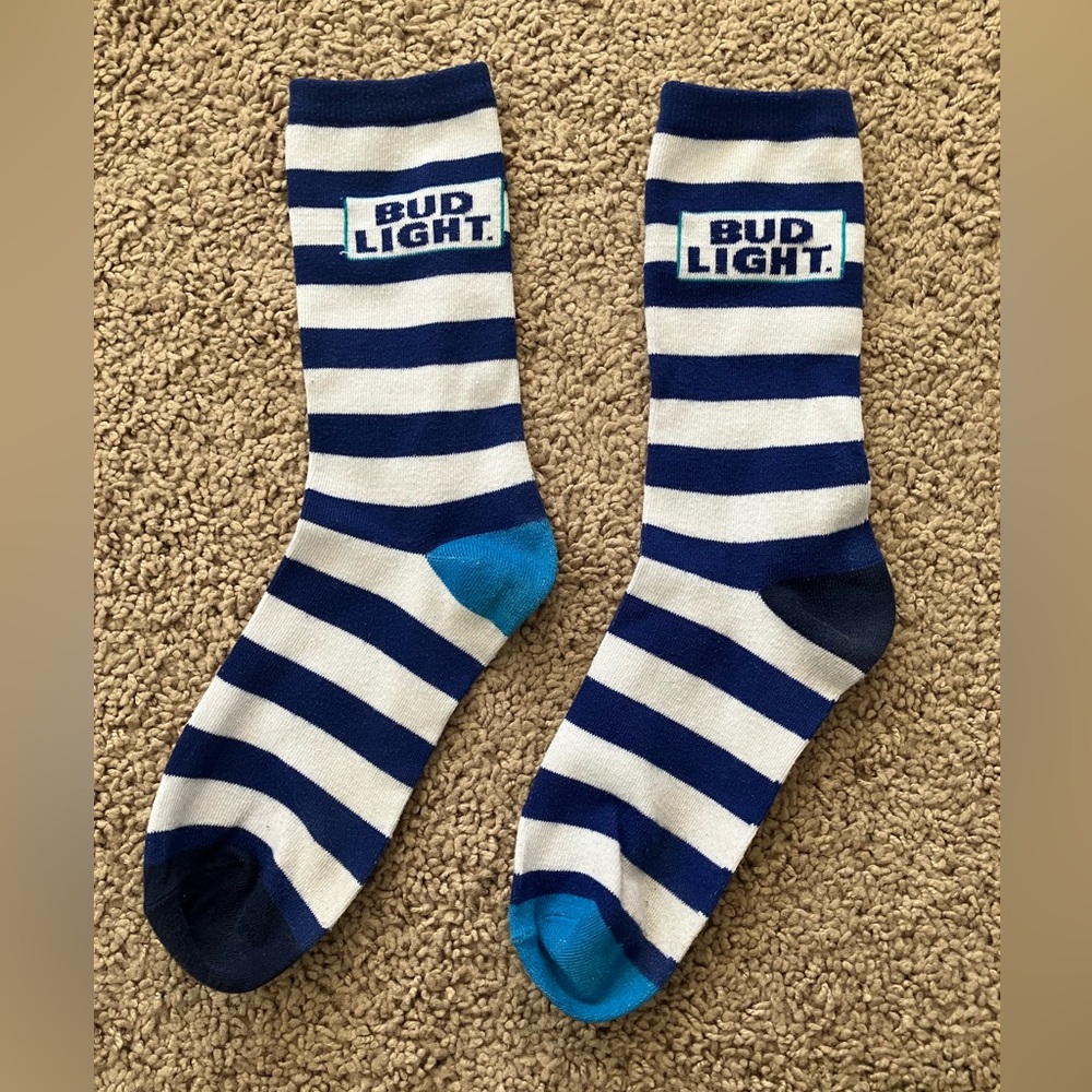 Bud Light Navy and White Striped Socks